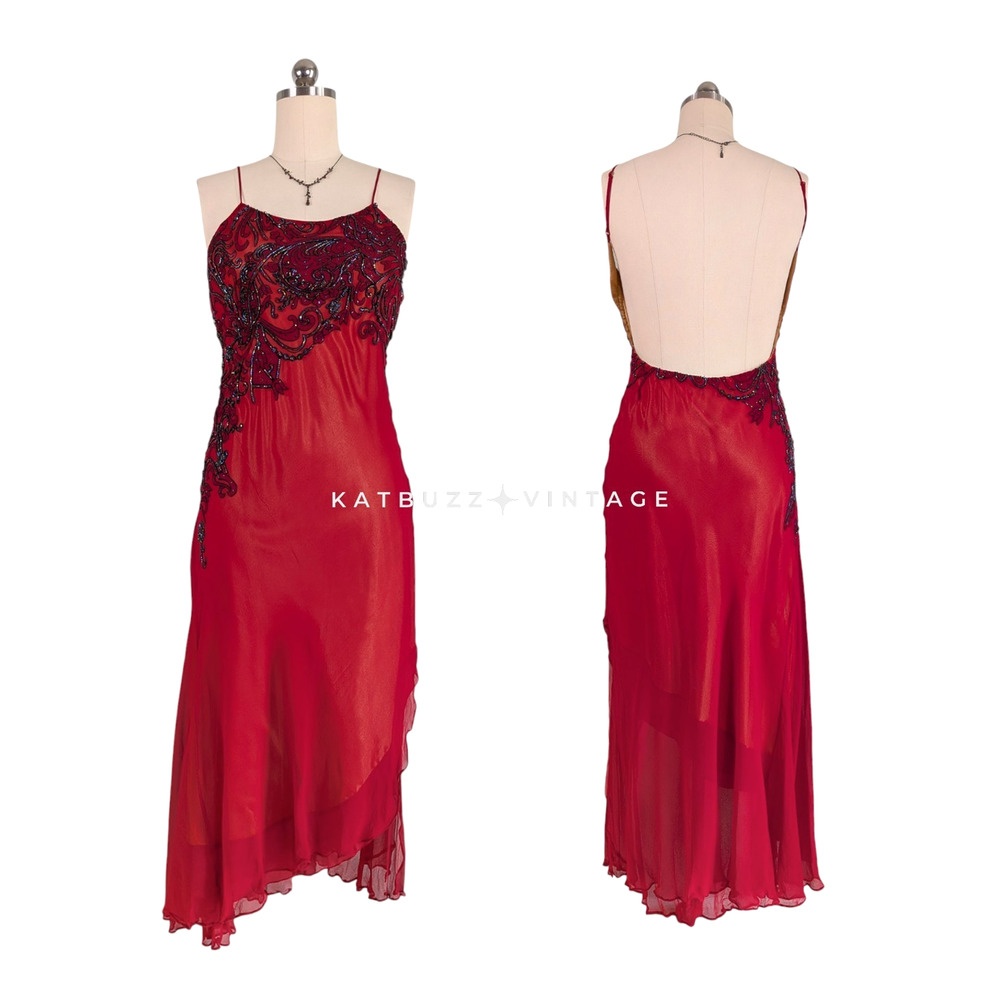 Y2K Prom Dress Midi Gown 12 Red Silk Goth Beaded Slip Silk Cocktail Guest Black